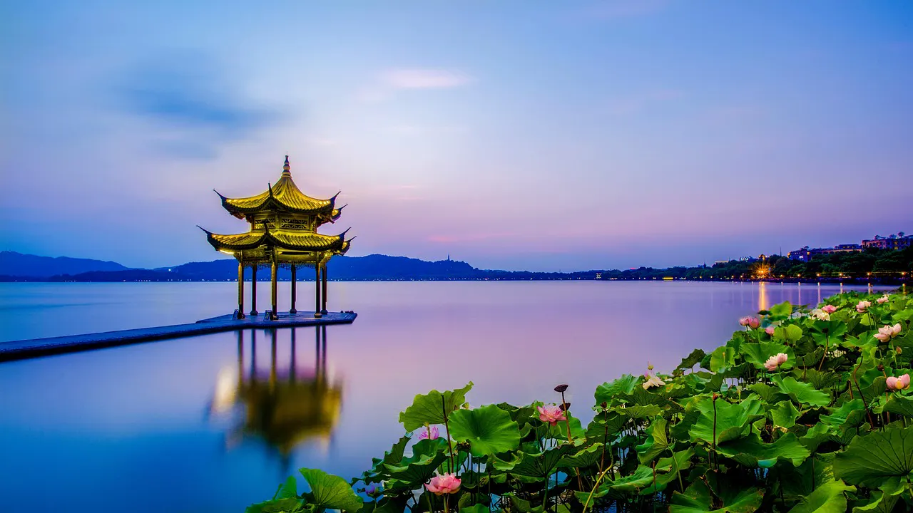 Pavilion on West Lake at dusk